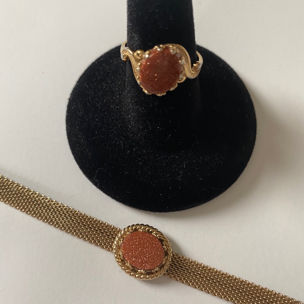 Vtg. Rust Glitter Stone Mesh Bracelet and Ring Set